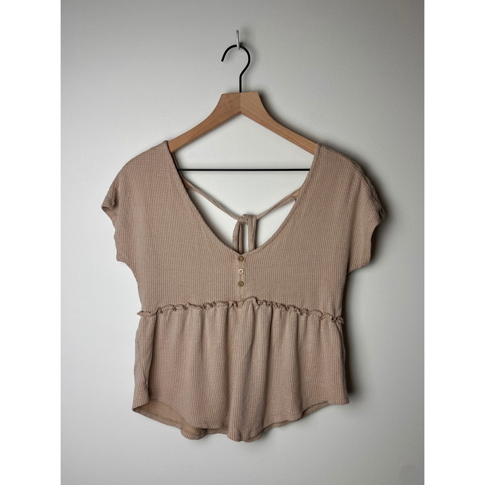 Atelier by Kirious Tan Waffle Knit Peplum Top Tie Back‎ V Neck Blouse Small